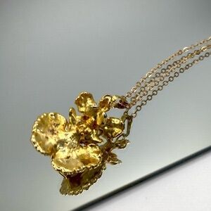 Risis Orchid pendant NECKLACE, 1970s 22K GF Orchid flower necklace or pin